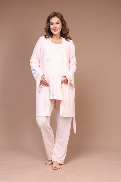 PREGNANT WORLD Women's Powder Double-Breasted Collar Design with Easy Breastfeeding Features Maternity Maternity Dressing Gown Pajama Set