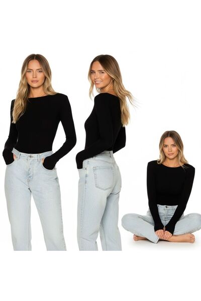 Bliss Women's Crew Neck Finger Detailed Bodysuit Set of 3 Black-White-Navy Blue