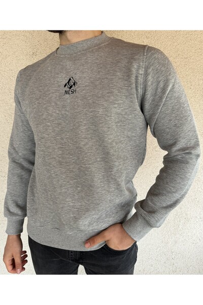 Mesh Men's Gray Premium Sweatshirt – Regular Fit – Crew Neck – Embroidered Winter Model
