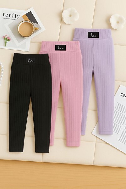 tunays shopping Girl's Corded Fabric Fleece-Lined Arma Detailed Leggings Set of 3