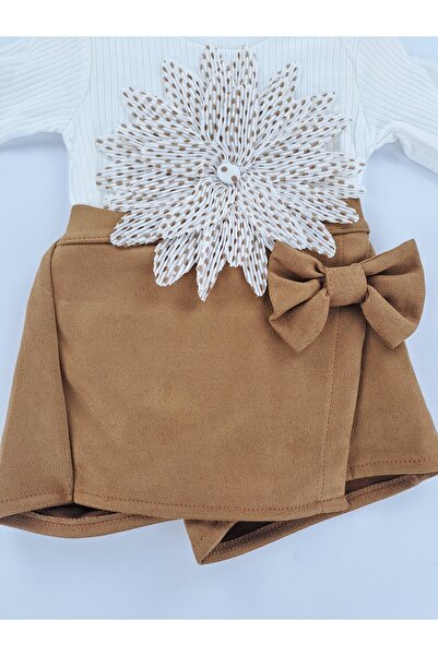 Butik Girl's Bodysuit Shorts Skirt Two-Piece Set Leopard Emblem Detailed Winter Gift Set