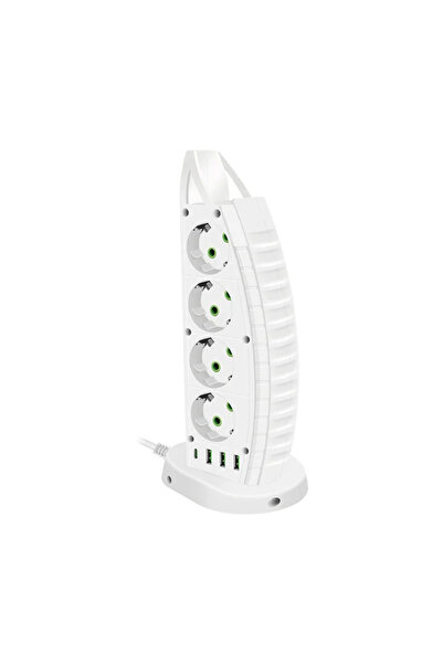 ELMHURST Tower Power Strip, 4 USB Ports, 8 AC Sockets, 2500W, Surge Protection, Switch, White