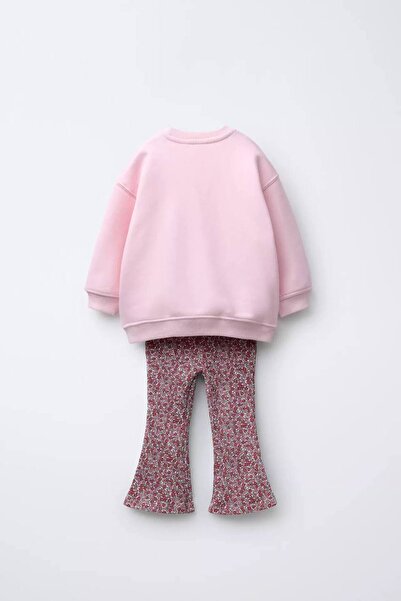 Pinkitokids Flower Printed Heart Detailed Sweatshirt and Leggings Set