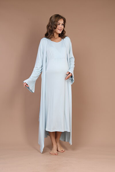 PREGNANT WORLD طقم ثوب نوم نسائي أزرق 100% قطن بأزرار على الجهتين ياقة بتصميم...