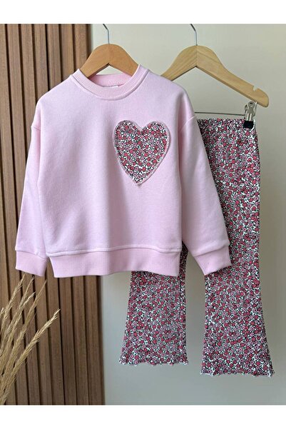 Pinkitokids Flower Printed Heart Detailed Sweatshirt and Leggings Set