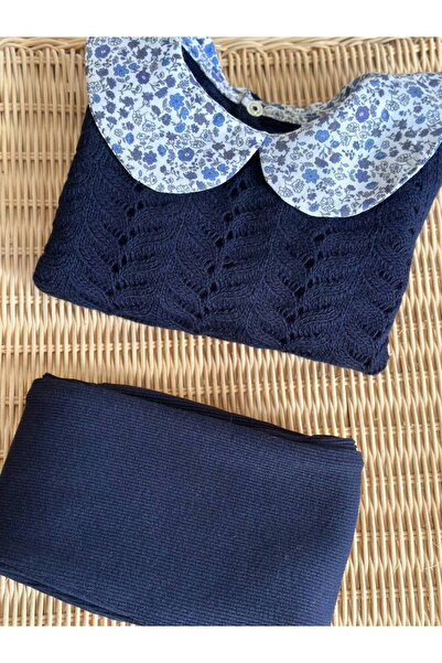Pinkitokids Floral Collar and Shirt Detailed Knitwear Set-Navy Blue