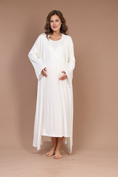PREGNANT WORLD Women's Ecru 100% Cotton Double-Breasted Collar Special Design Full Length Maternity Nightgown Nightgown Set