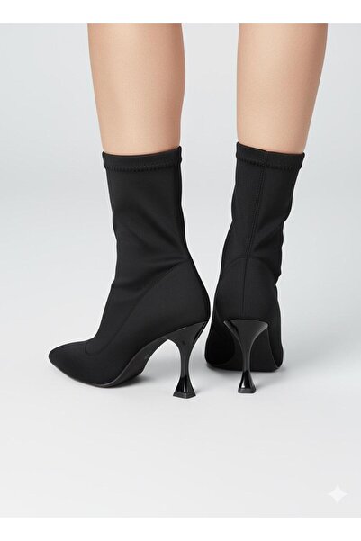 softoria shoes Kadın Siyah Streç Kumaş Topuklu Bot