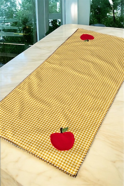 Aysha co %100 Duck Keten Kumaş Runner |Pötikare Kumaş, Elma Desen İşlemeli – ...