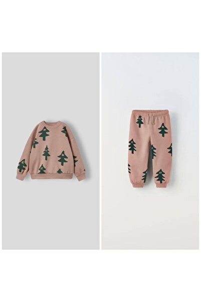 Magu Unisex Children's Cotton Beige Tree Patterned Sweatshirt and Sweatpants Set – Comfortable Fit