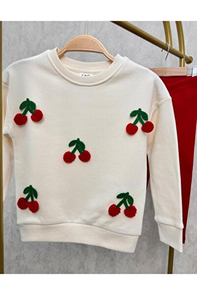 Magu Girl's Cotton Cream Cherry Appliqued Sweatshirt and Red Pants Set