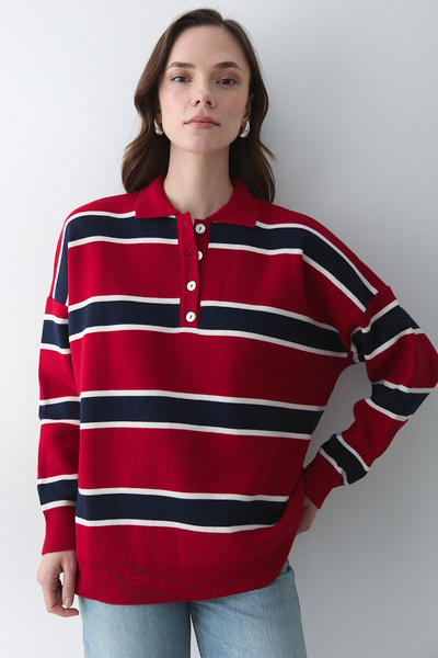 Laluvia Red Navy Blue Polo Neck Striped Sweater - 251129