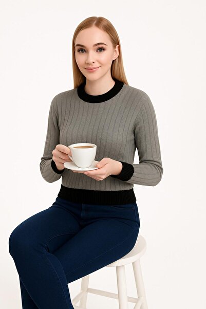 Sfg Life Moda Women's Crew Neck Ribbed and Striped Detail Crop Knitwear Short Sweater