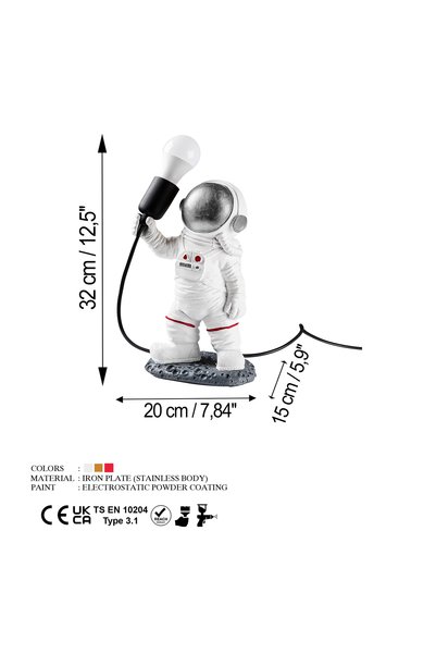MOİRA Astronaut Table Lamp Decorative Children's Room Night Light with E27 Base and Space Figure, Yak-017-B