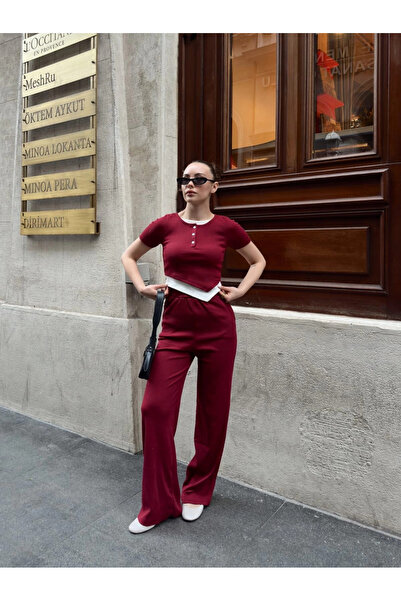 ZENGEZUR MALL Mtxdpn Button Collar Burgundy Bottom Top Set S3943 (221103) (Size: S)