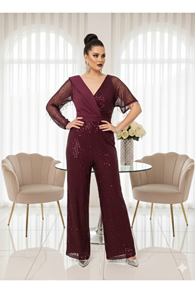 Robes Mürdüm Payetli Püsküllü Abiye Tulum / Tek Kol Şal Yaka Uzun Kol Özel Gü...