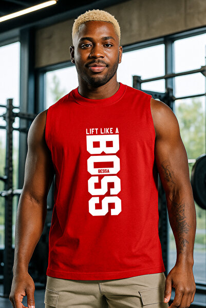 BESSA Red Printed Athlete Tank Top Crew Neck Cotton Sleeveless Tank Top Lift Like Men's