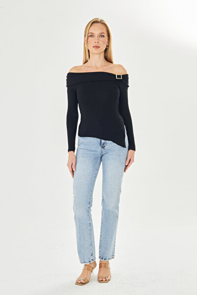 ParlaMira Women's Black Madonna Collar Square Buckle Blouse