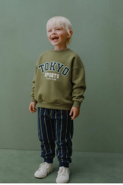 Magu Boys' Cotton Green Printed Sweatshirt and Navy Blue Striped Pants Set