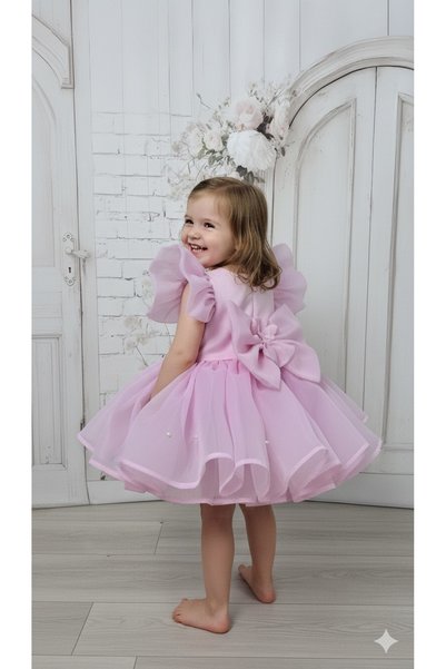 HOBİ Pink Butterfly and Pearl Detailed Puffy Girl's Dress - Special Occasion Dress