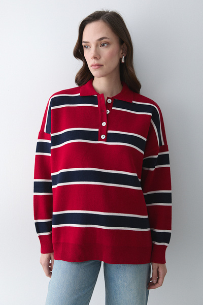 Laluvia Red Navy Blue Polo Neck Striped Sweater - 251129