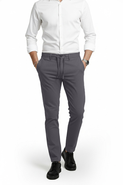 DeepSEA Men's Smoked Stretch Fabric Seersucker Fabric Elastic Waist Drawstring S Slim Fit Casual Trousers 2600650