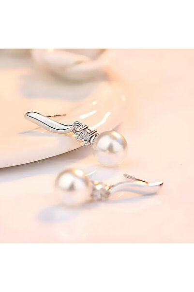BUNILU Cercei argintii hipoalergenici cu perla alba sintetica si piatra zirconiu