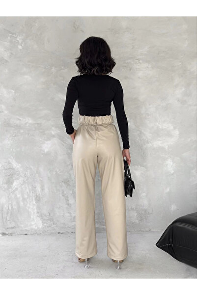 ZENGEZUR MALL Mtxdpn Self-Slimming Belt Leather Pants Beige T1178 (220913) (Size: S)