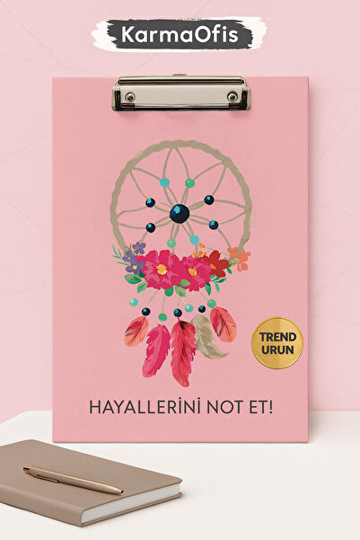 KarmaOfis A4 Sekreterlik – Pembe Düş Kapanı Desenli | Dayanıklı Klipsli Not T...
