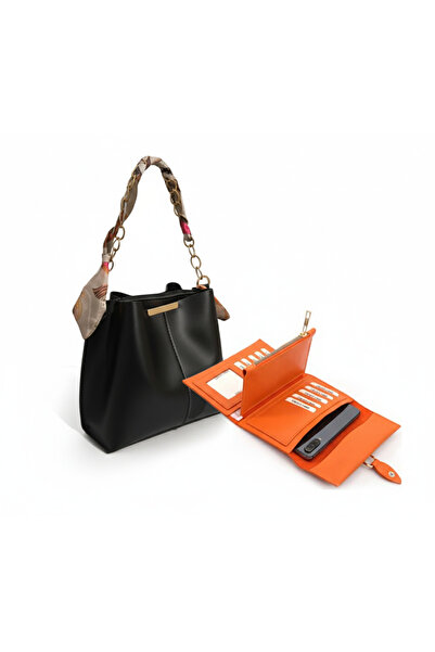 Livenda Shop Black with Scarf, Handbag and Shoulder Bag, Soft Leather 3-Compartment Women's Bag with Chain Accessories