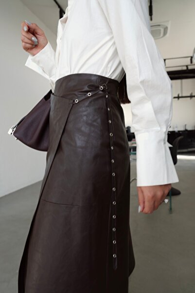 BRTC design Women's Bitter Brown Staple Belt Detailed Wrap Leather Skirt