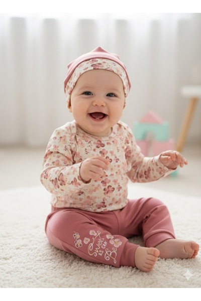 Şimo Butik Boy-Girl Baby Shoulder-Widening Snap-On Bodysuit Pajama Beanie Set...