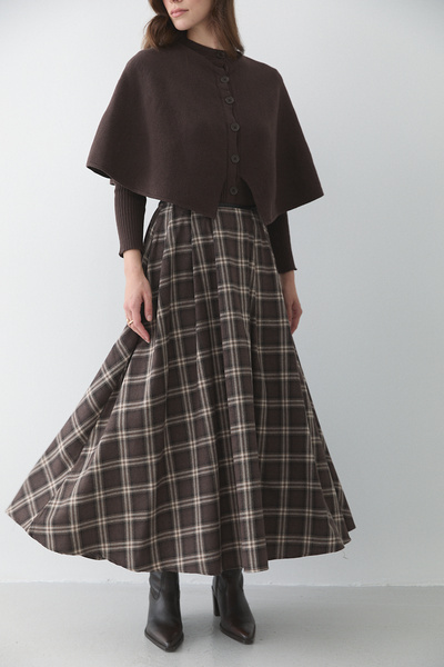 Laluvia Brown Leather Striped Plaid Skirt - 4977