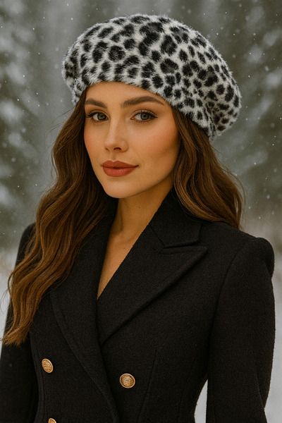 Butik Kadın Leopar Desenli Yumuşak Tüylü Fransız Ressam Bere – Kışlık Şık Pel...