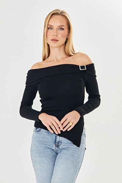 ParlaMira Women's Black Madonna Collar Square Buckle Blouse