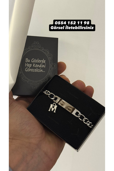 Çelik Harf Charmlı Göz Baskılı Bileklik - Gözlerim Hep Üzerinde