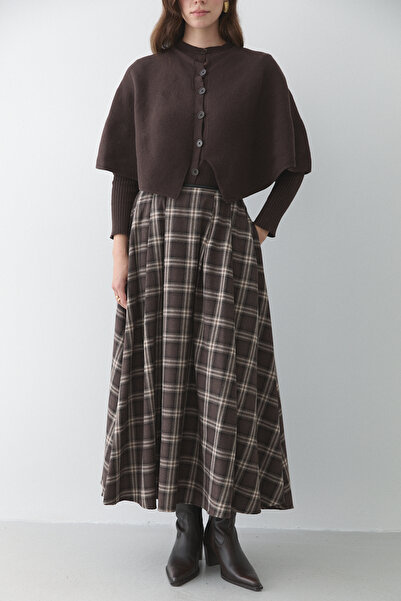 Laluvia Brown Leather Striped Plaid Skirt - 4977