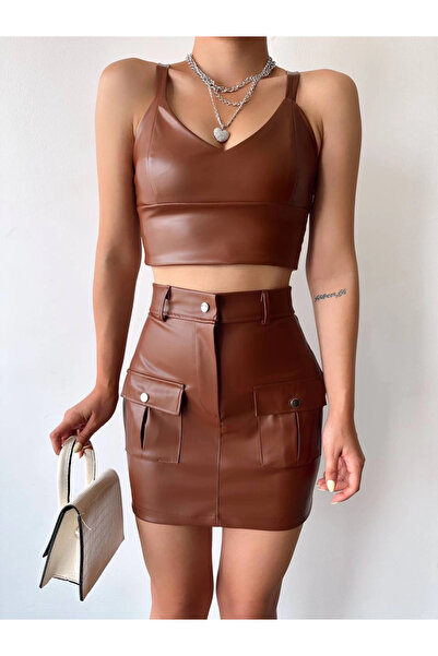 ZENGEZUR MALL Mtxdpn Leather Skirt with Two Front Pockets Brown H240040 (215023) (Size: S)