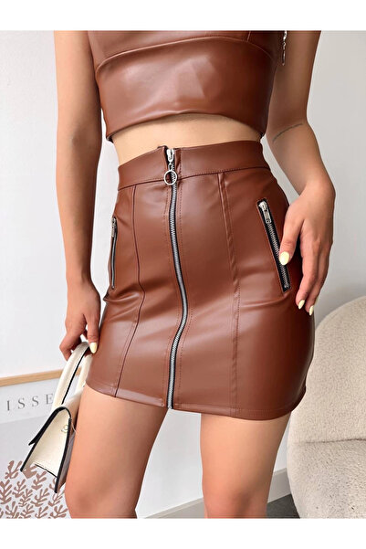 ZENGEZUR MALL Mtxdpn Three Zippered Leather Skirt Coffee S24510 (215157) (Size: S)