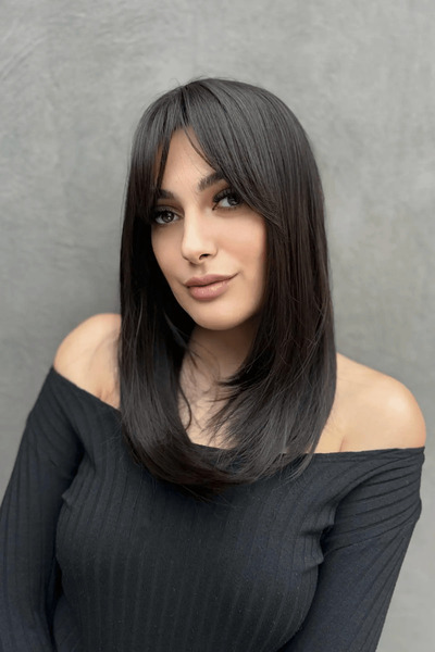 Zeysum Koyu Kahverengi Düz Peruk Kahkül Detaylı Katlı Kesim