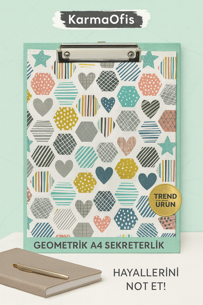 KarmaOfis A4 Secretarial – Geometric Heart & Hexagon Patterned |   With Strong Metal Clip