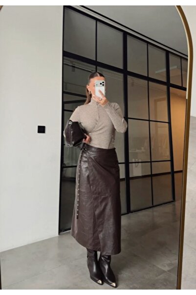 BRTC design Women's Bitter Brown Staple Belt Detailed Wrap Leather Skirt