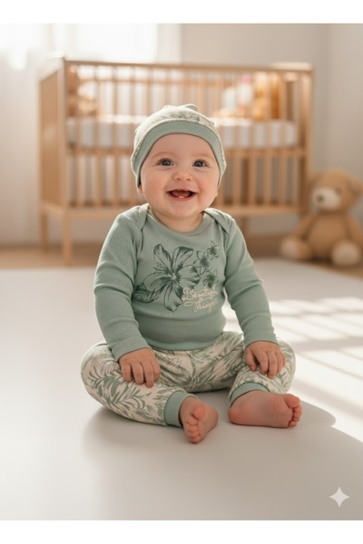 Şimo Butik Boy-Girl Baby Shoulder-Widening Snap-On Bodysuit Pajama Beanie Set...