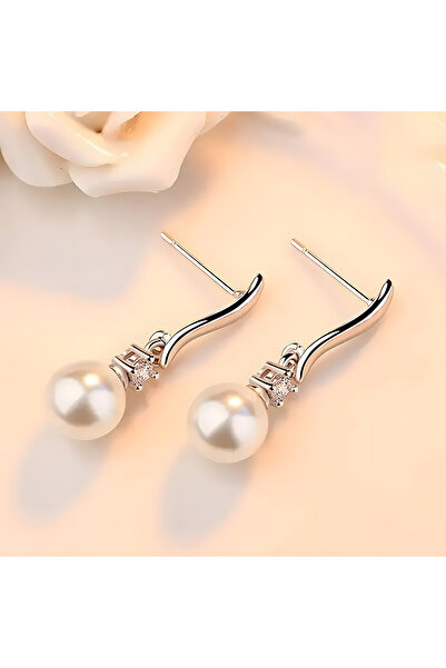 BUNILU Cercei argintii hipoalergenici cu perla alba sintetica si piatra zirconiu