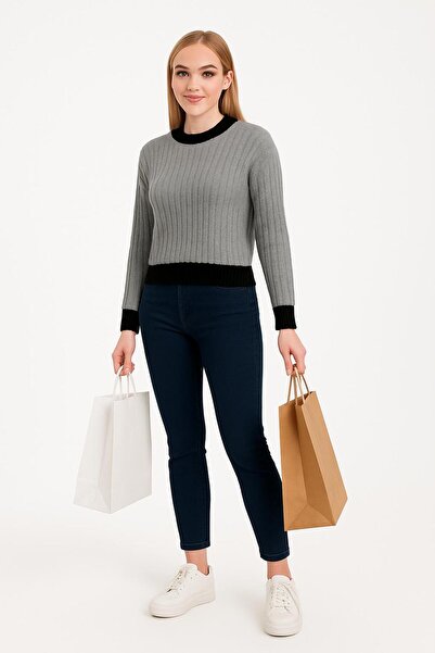 Sfg Life Moda Women's Crew Neck Ribbed and Striped Detail Crop Knitwear Short Sweater