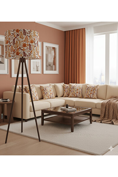 Otay Ev Dekorasyon El Yapımı Sonbahar Yaprak Desenli Kumaş Tripod Ayaklı Lambader