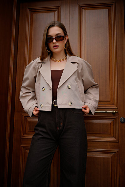 ASEDE Trendy Trench Short Jacket with Shoulder Sleeve Detail, Double-Breasted Collar and Button Closure