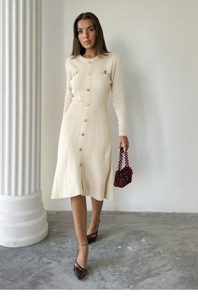Lusin Women's Ecru Stylish Gold Button Detailed Elegant Long Sleeve Knitwear Dress (New Color)