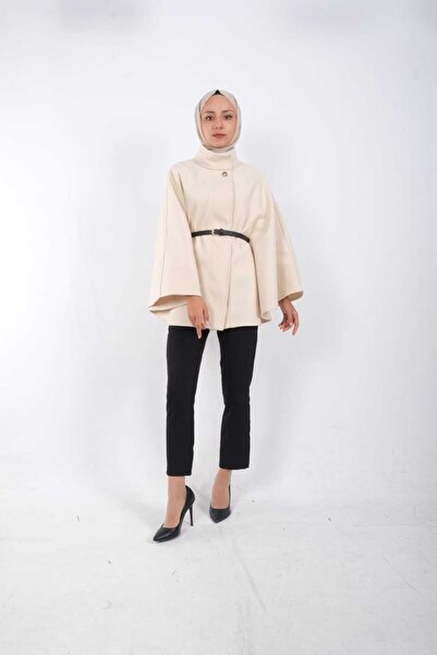 moda caddesi Mock Neck Kaşe Poncho with Belt Detail