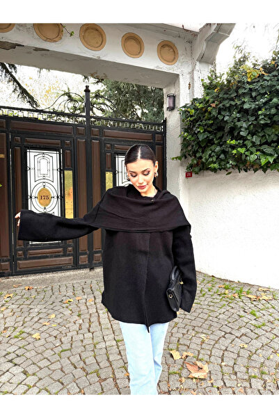 Lusin Women's Black Shawl Detailed Transitional Winter Premium Knitwear Jacket